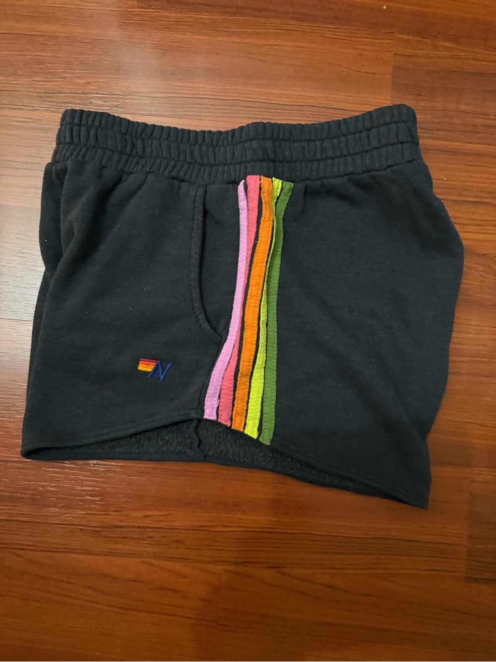 Aviator Nation Black Athletic Shorts with Pink Orange Green Stripe